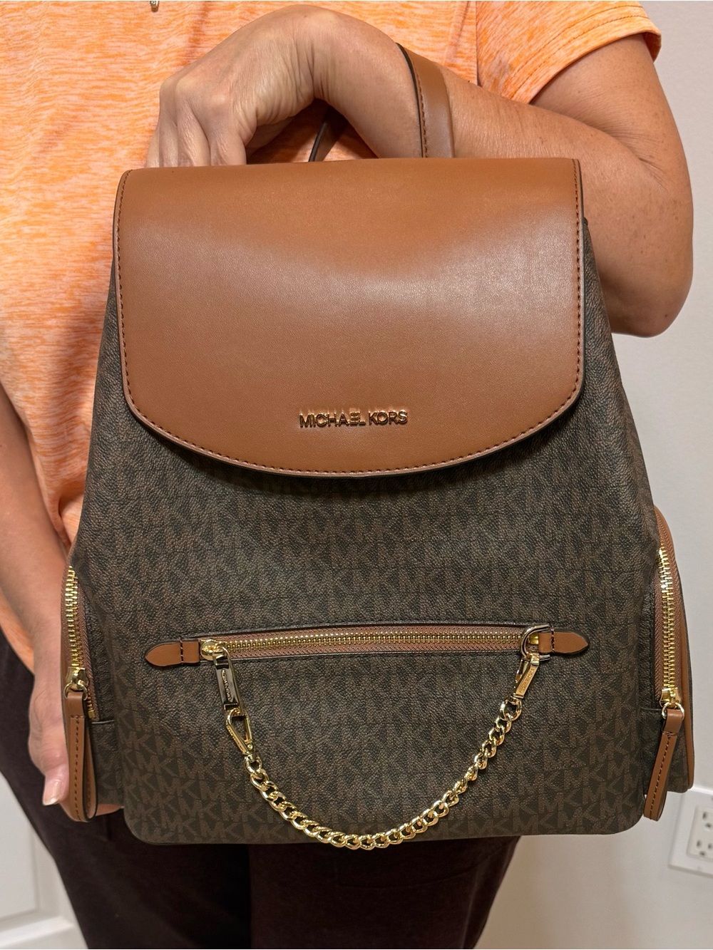 Michael Kors Brown and Tan Signature Logo Backpack with Gold Chain